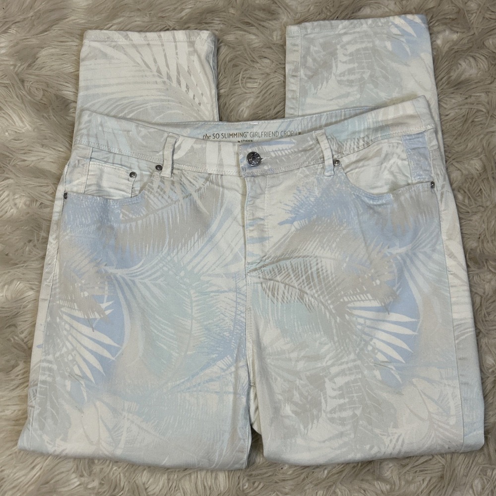 Chicos So Slimming Girlfriend Crop Pants Sz 2 Large Palm Leaves Resort Vacation